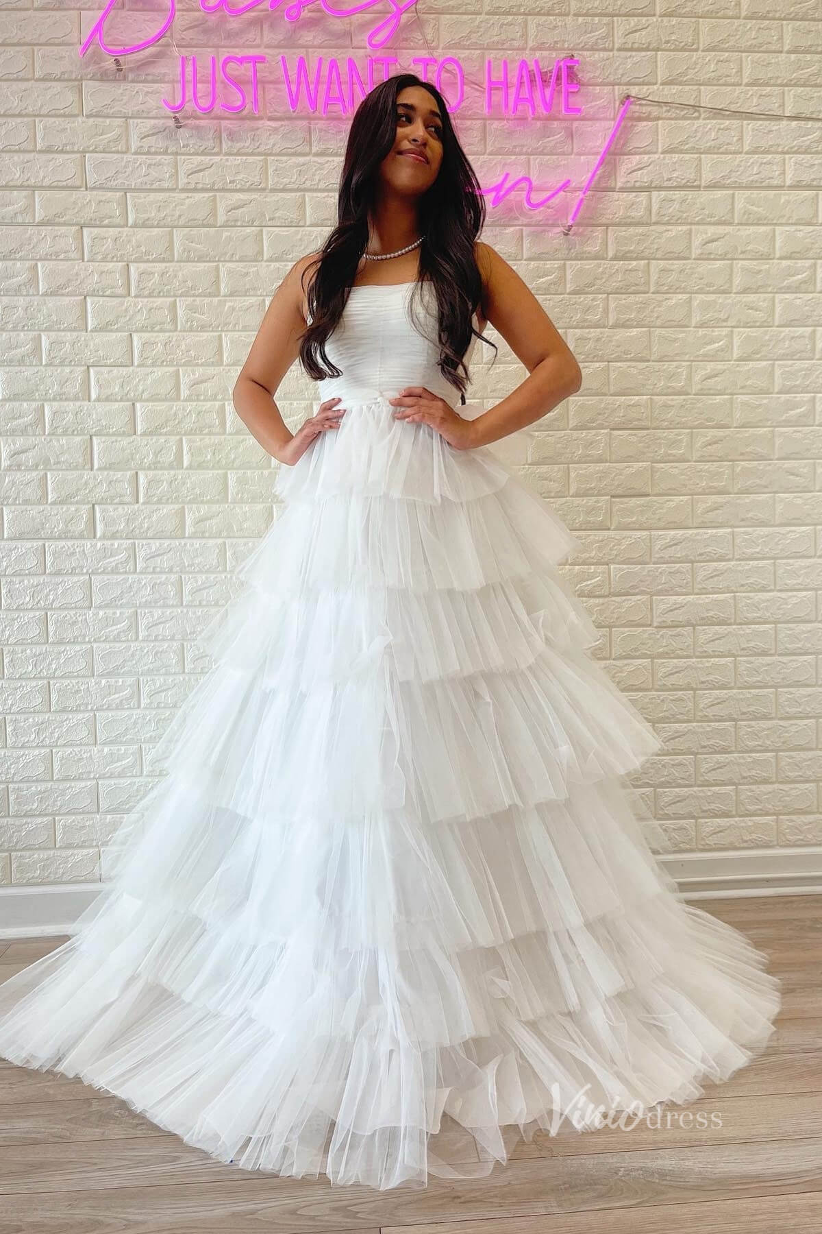 Bright Pink Tiered Prom Dress Strapless Ruffle Tulle Pageant Gown FD2855-prom dresses-Viniodress-Viniodress