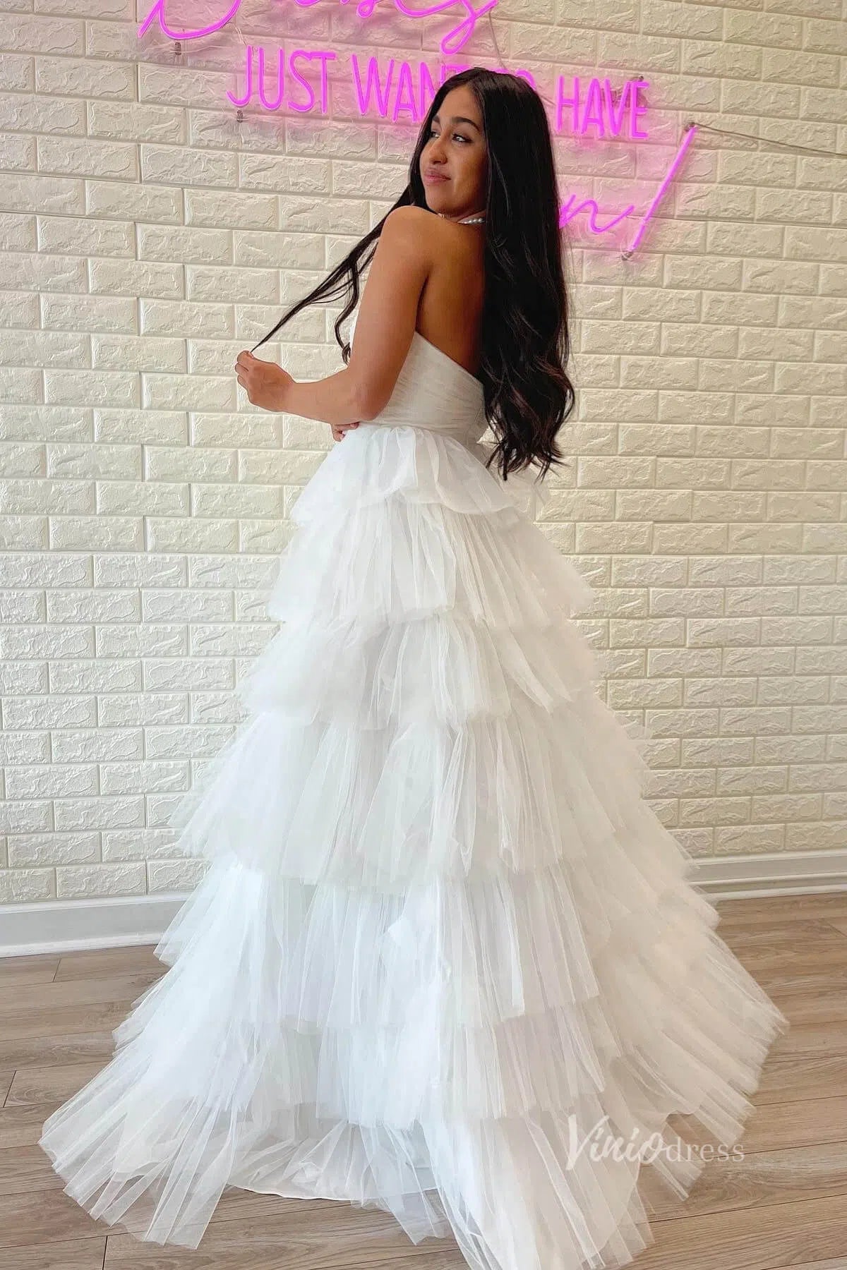 Bright Pink Tiered Prom Dress Strapless Ruffle Tulle Pageant Gown FD2855-prom dresses-Viniodress-Viniodress