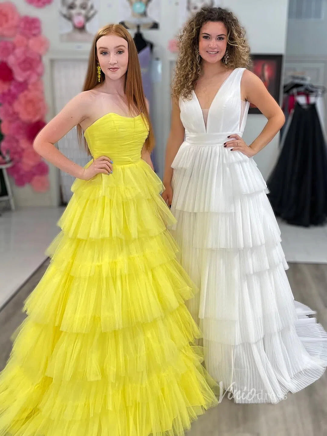 Bright Pink Tiered Prom Dress Strapless Ruffle Tulle Pageant Gown FD2855-prom dresses-Viniodress-Viniodress