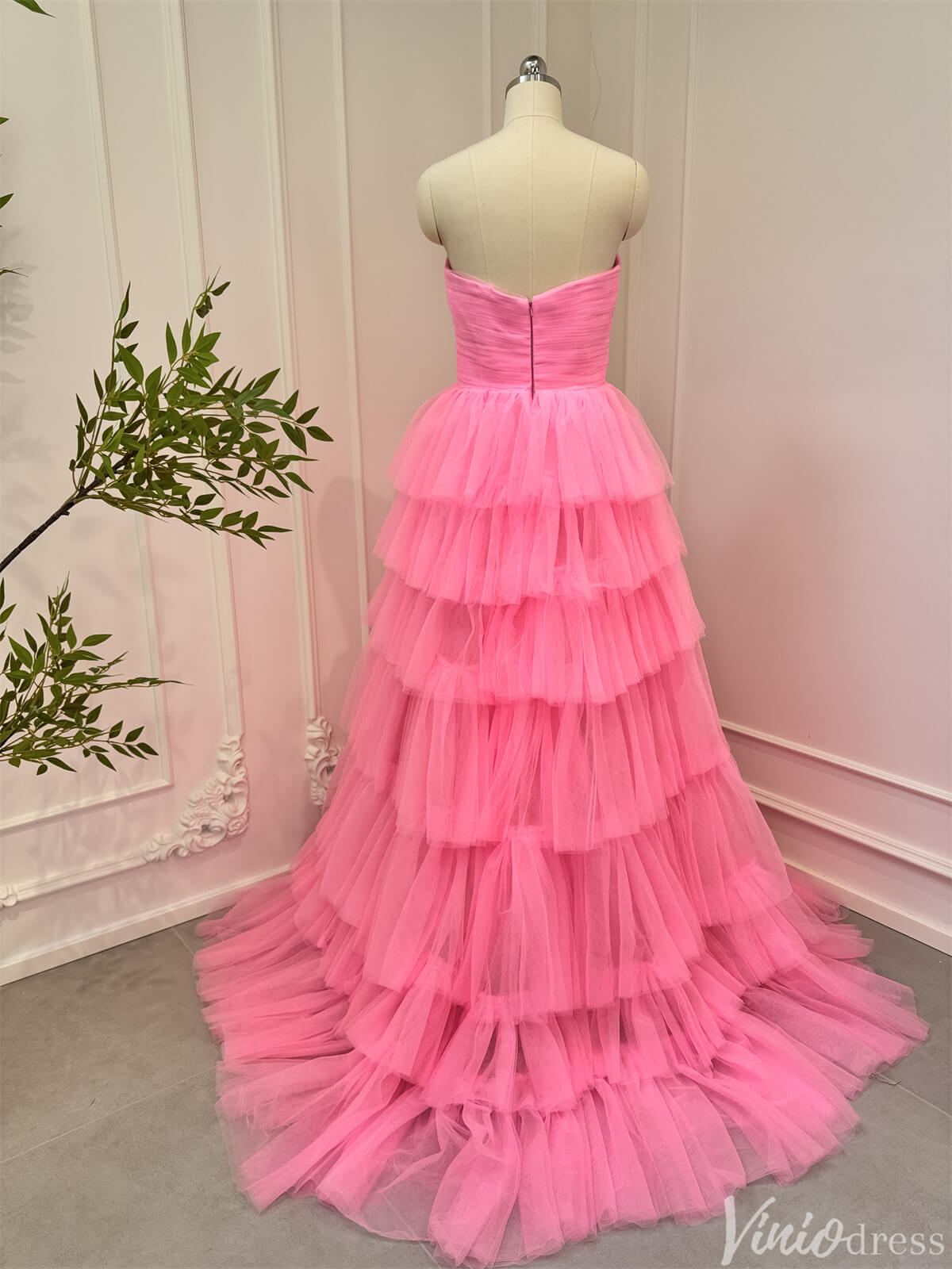 Bright Pink Tiered Tulle Prom Dresses Strapless Ruffle Ball Gowns 80007-prom dresses 2025 -Viniodress-Pink-Custom Size-