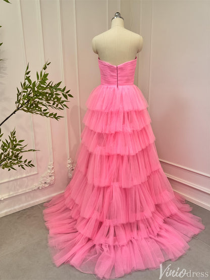 Bright Pink Tiered Tulle Prom Dresses Strapless Ruffle Ball Gowns 80007-prom dresses 2025 -Viniodress-Pink-Custom Size-