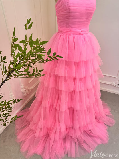 Bright Pink Tiered Tulle Prom Dresses Strapless Ruffle Ball Gowns 80007-prom dresses 2025 -Viniodress-Pink-Custom Size-