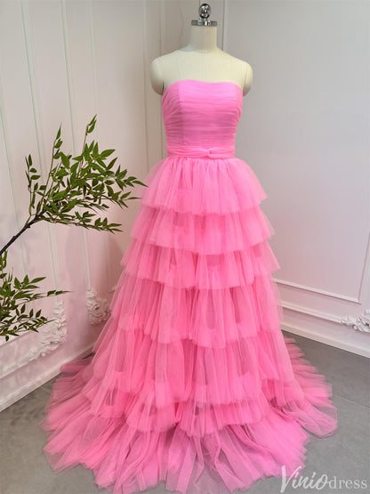 Bright Pink Tiered Tulle Prom Dresses Strapless Ruffle Ball Gowns 80007-prom dresses 2025 -Viniodress-Pink-Custom Size-