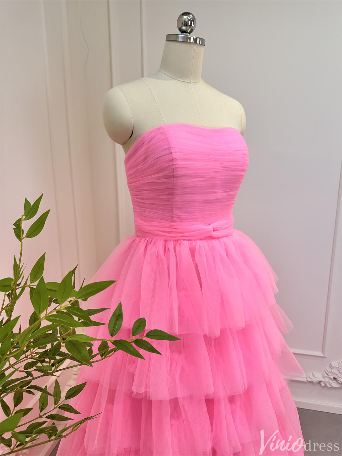 Bright Pink Tiered Tulle Prom Dresses Strapless Ruffle Ball Gowns 80007-prom dresses 2025 -Viniodress-Pink-Custom Size-