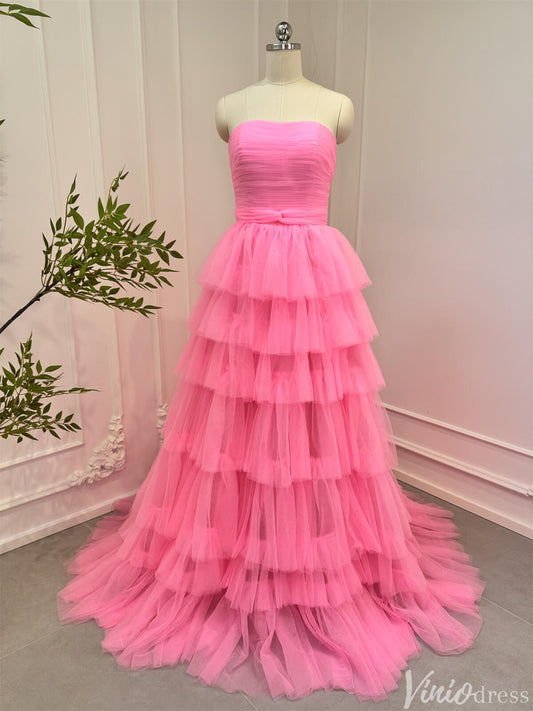 Bright Pink Tiered Tulle Prom Dresses Strapless Ruffle Ball Gowns 80007-prom dresses 2025 -Viniodress-Pink-Custom Size-