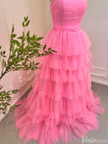 Bright Pink Tiered Tulle Prom Dresses Strapless Ruffle Ball Gowns 80007-prom dresses-Viniodress-Viniodress