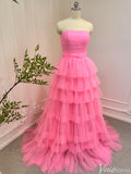 Bright Pink Tiered Tulle Prom Dresses Strapless Ruffle Ball Gowns 80007-prom dresses-Viniodress-Viniodress