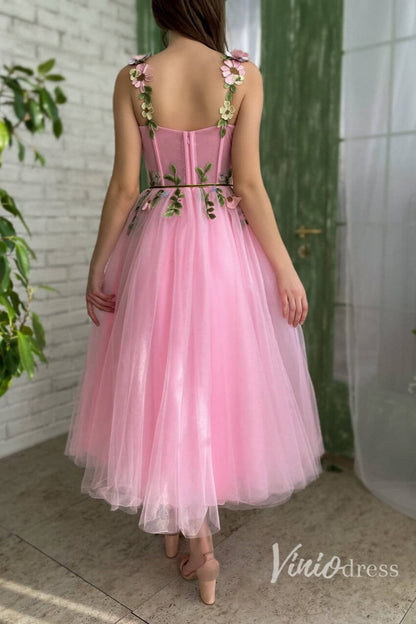 Bright Pink Tulle Prom Dress with Pockets Green Leaves Maxi Dress SD1439-prom dresses 2025 -Viniodress-Pink-Custom Size-