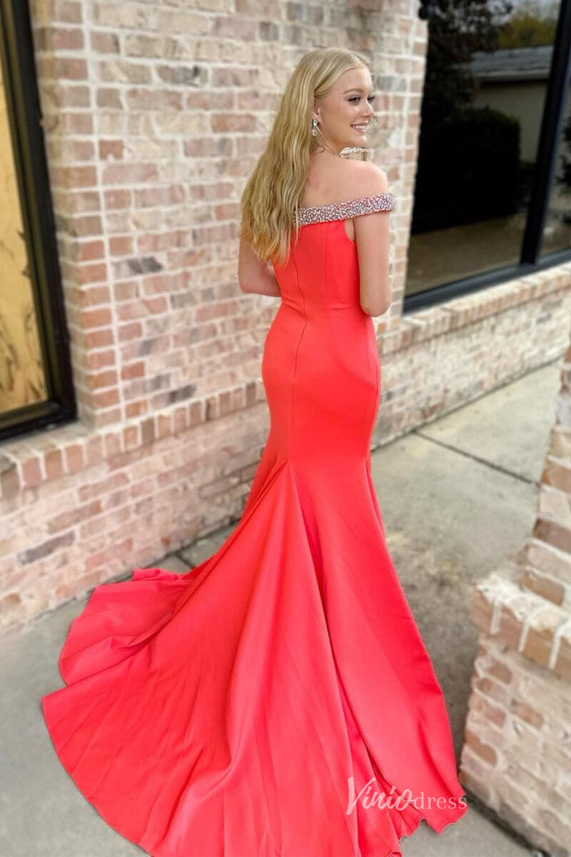 Bright Red Mermaid Satin Prom Dresses Beaded Off the Shoulder Evening Dress FD4048 - Viniodressprom dressesRedCustom Size - Formal Dresses - Ball Gowns