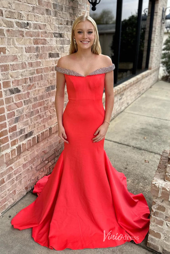 Bright Red Mermaid Satin Prom Dresses Beaded Off the Shoulder Evening Viniodress