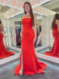 Bright Red Strapless Mermaid Cheap Prom Dresses with Slit Pleated Bodice FD3973