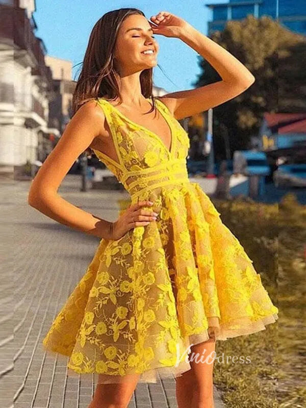 Short Prom Dresses 2025 Bright Yellow 3D Flower Lace Homecoming Dresses Short Prom Dress SD1430-homecoming dresses-Viniodress-Yellow-Custom Size-Viniodress