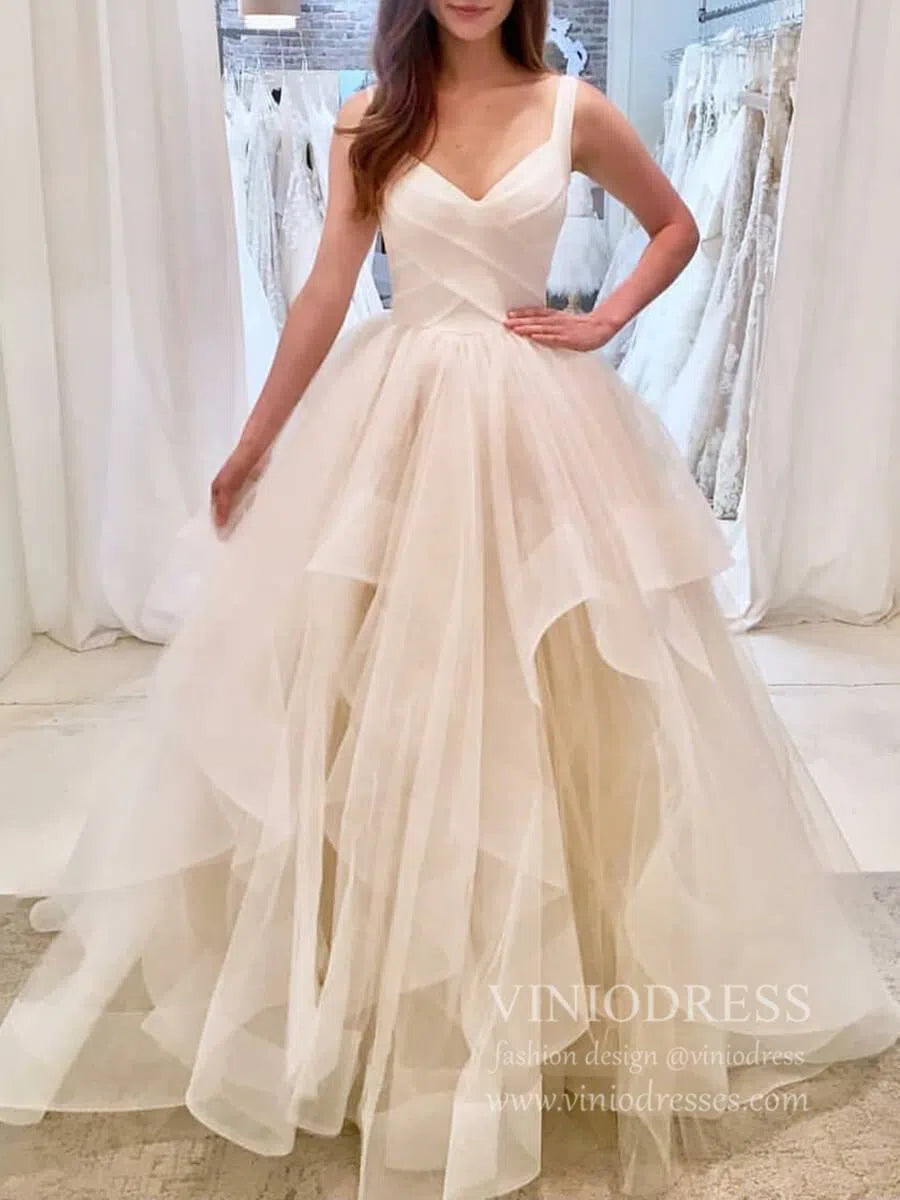 Broad Strap V Neck Ball Gown Wedding Dresses with Ruffle Skirt VW1121-wedding dresses 2025 -Viniodress-Ivory-Custom Size-