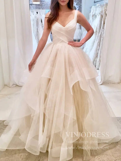 Broad Strap V Neck Ball Gown Wedding Dresses with Ruffle Skirt VW1121-wedding dresses 2025 -Viniodress-Ivory-Custom Size-