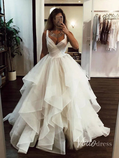 Broad Strap V Neck Ball Gown Wedding Dresses with Ruffle Skirt VW1121-wedding dresses 2025 -Viniodress-Ivory-Custom Size-