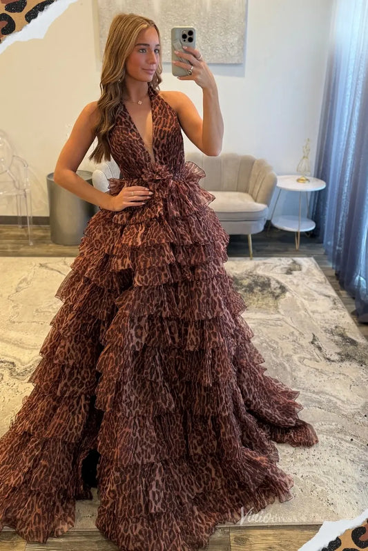 Brown Leopard Print Ruffle Tulle Ball Gown Prom Dress with Halter Deep V Neckline – RF128-prom dresses 2026-Viniodress-Brown-Custom Size-