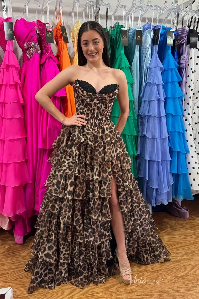 Brown Leopard Print Strapless Prom Dress with Tiered Ruffle Skirt & High Slit – RF056-prom dresses 2026-Viniodress-Brown-Custom Size-