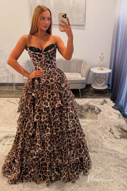 Brown Leopard Print Strapless Prom Dress with Tiered Ruffle Skirt & High Slit – RF056-prom dresses 2026-Viniodress-Brown-Custom Size-