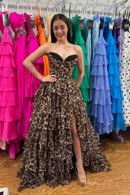 Brown Leopard Print Strapless Prom Dress with Tiered Ruffle Skirt & High Slit – RF056-prom dresses 2026-Viniodress-Brown-Custom Size-