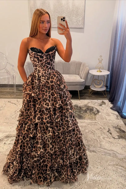 Brown Leopard Print Strapless Prom Dress with Tiered Ruffle Skirt & High Slit – RF056-prom dresses 2026-Viniodress-Brown-Custom Size-