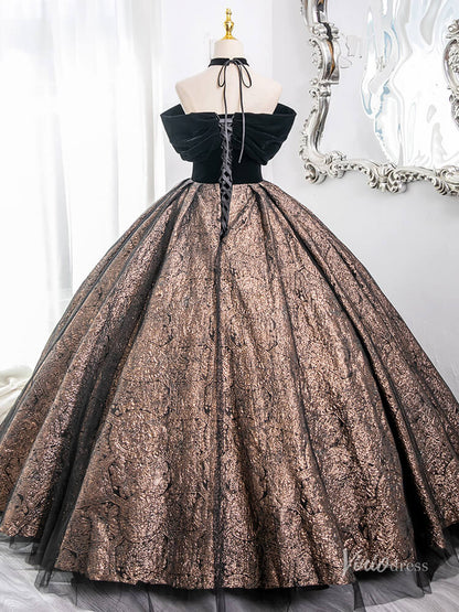 Brown Off the Shoulder Prom Ball Gown Jacquard Satin Quinceanera Dresses BG005-prom dresses 2025 -Viniodress-Brown-Custom Size-