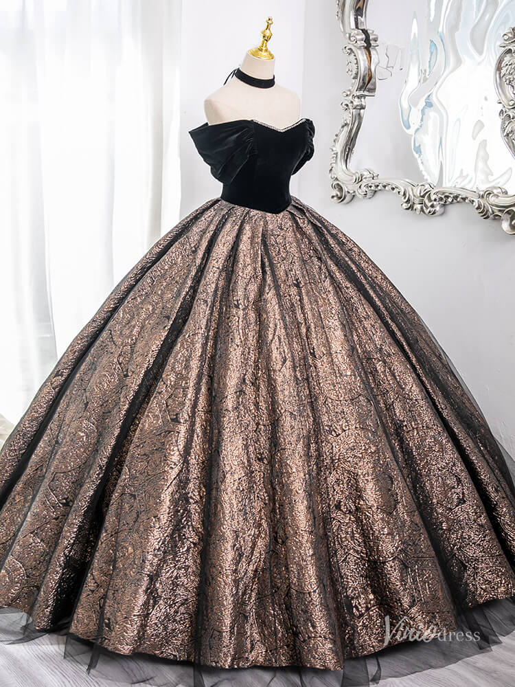 Brown Off the Shoulder Prom Ball Gown Jacquard Satin Quinceanera Dresses BG005-prom dresses 2025 -Viniodress-Brown-Custom Size-