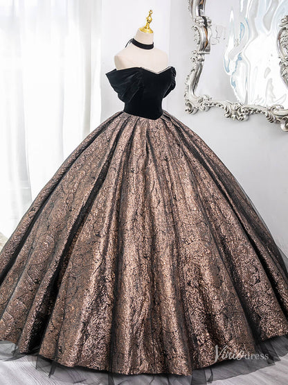 Brown Off the Shoulder Prom Ball Gown Jacquard Satin Quinceanera Dresses BG005-prom dresses 2025 -Viniodress-Brown-Custom Size-