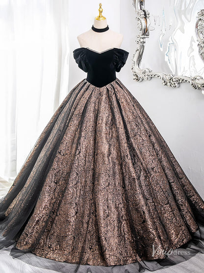 Brown Off the Shoulder Prom Ball Gown Jacquard Satin Quinceanera Dresses BG005-prom dresses 2025 -Viniodress-Brown-Custom Size-