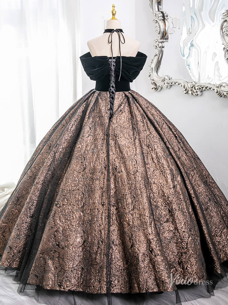 Prom Dress 2025 Brown Off the Shoulder Prom Ball Gown Jacquard Satin Quinceanera Dresses BG005-unique prom dresses-Brown-Custom Size-Viniodress