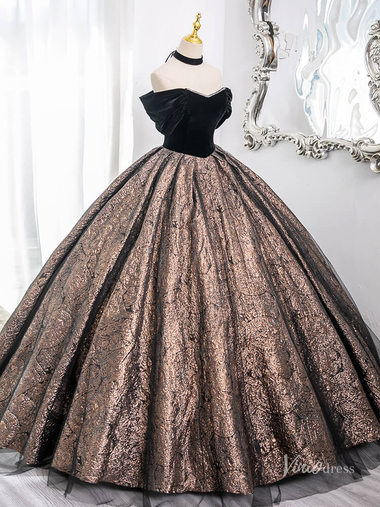 Prom Dress 2025 Brown Off the Shoulder Prom Ball Gown Jacquard Satin Quinceanera Dresses BG005-unique prom dresses-Brown-Custom Size-Viniodress