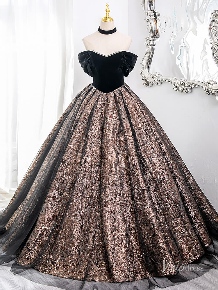 Prom Dress 2025 Brown Off the Shoulder Prom Ball Gown Jacquard Satin Quinceanera Dresses BG005-unique prom dresses-Brown-Custom Size-Viniodress