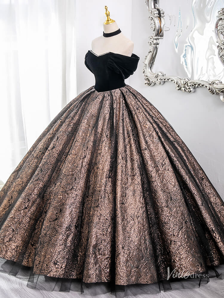 Prom Dress 2025 Brown Off the Shoulder Prom Ball Gown Jacquard Satin Quinceanera Dresses BG005-unique prom dresses-Brown-Custom Size-Viniodress