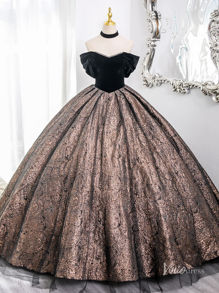 Prom Dress 2025 Brown Off the Shoulder Prom Ball Gown Jacquard Satin Quinceanera Dresses BG005-unique prom dresses-Brown-Custom Size-Viniodress