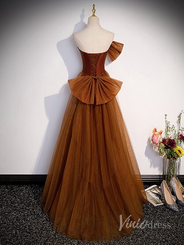 Brown Rosette Bow Satin Mermaid Prom Dresses with Tulle Removable Train 90016-prom dresses 2025 -Viniodress-Brown-Custom Size-