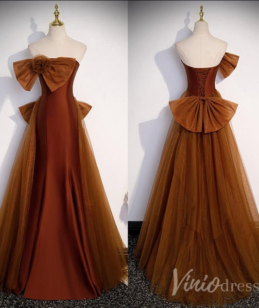 Brown Rosette Bow Satin Mermaid Prom Dresses with Tulle Removable Train 90016-prom dresses 2025 -Viniodress-Brown-Custom Size-