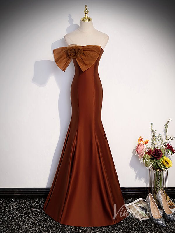 Brown Rosette Bow Satin Mermaid Prom Dresses with Tulle Removable Train 90016 - Viniodressprom dressesBrownCustom Size - Formal Dresses - Ball Gowns