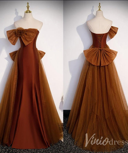 Brown Rosette Bow Satin Mermaid Prom Dresses with Tulle Removable Train 90016 - Viniodressprom dressesBrownCustom Size - Formal Dresses - Ball Gowns