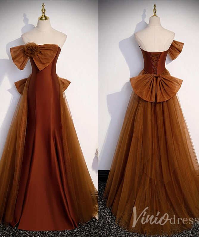 Brown Rosette Bow Satin Mermaid Prom Dresses with Tulle Removable Train 90016-prom dresses-Viniodress-Brown-Custom Size-Viniodress