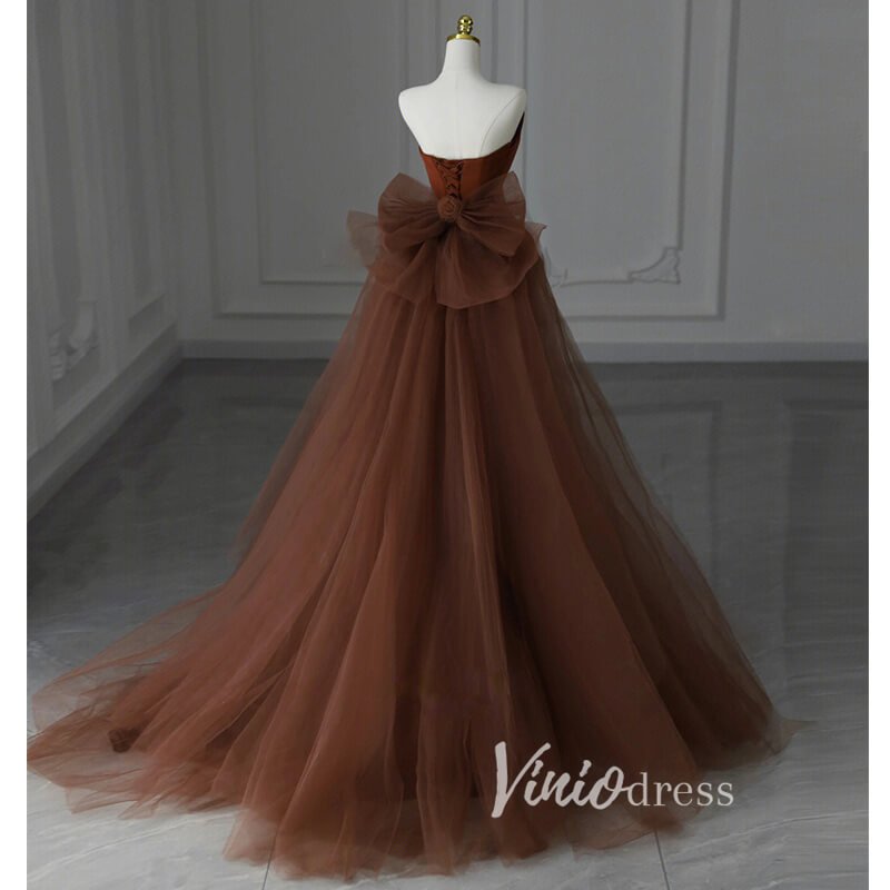 Brown Satin Mermaid Prom Dresses Strapless Bow-Tie Formal Gown FD3407 Viniodress Brown Satin Mermaid Prom Dresses Strapless Bow-Tie Formal Gown FD3407 Viniodress
