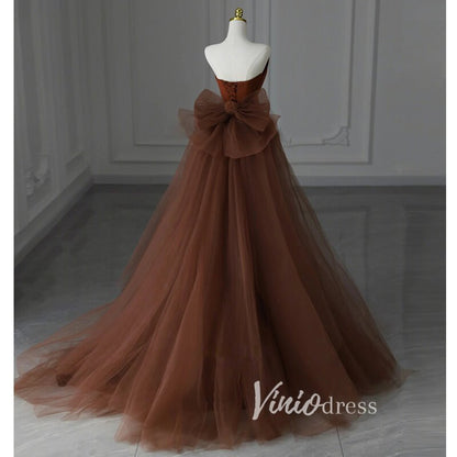 Brown Satin Mermaid Prom Dresses Strapless Bow-Tie Formal Gown FD3407-prom dresses 2025 -Viniodress-Brown-Custom Size-