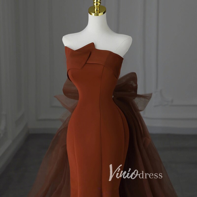 Brown Satin Mermaid Prom Dresses Strapless Bow-Tie Formal Gown FD3407 Viniodress Brown Satin Mermaid Prom Dresses Strapless Bow-Tie Formal Gown FD3407 Viniodress