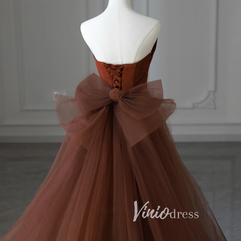 brown dress with bows Brown Satin Mermaid Prom Dresses Strapless Bow-Tie Formal Gown FD3407 – Viniodress