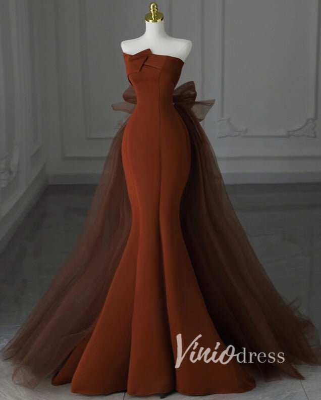 Brown Satin Mermaid Prom Dresses Strapless Bow-Tie Formal Gown FD3407-prom dresses 2025 -Viniodress-Brown-Custom Size-