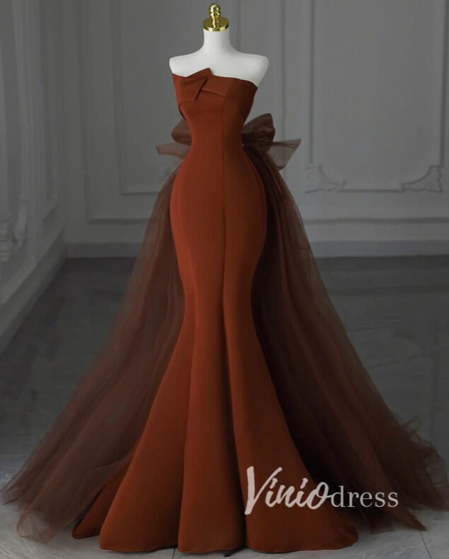 Prom Dress 2025 Brown Satin Mermaid Prom Dresses Strapless Bow-Tie Formal Gown FD3407-unique prom dresses-Brown-Custom Size-Viniodress