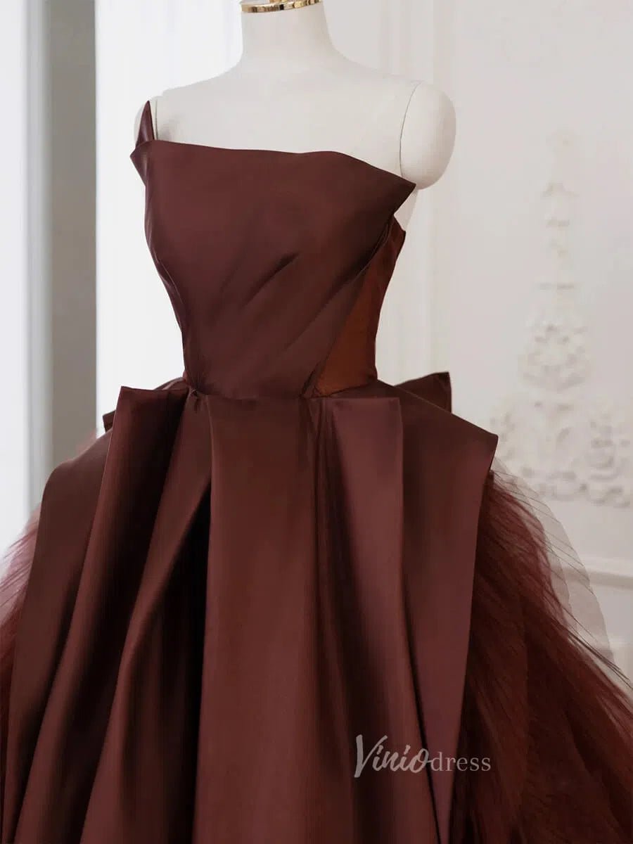 Brown Satin Prom Dresses, Strapless Pleated Tulle Ball Gown Corset Bac Viniodress Brown Satin Prom Dresses, Strapless Pleated Tulle Ball Gown Corset Bac Viniodress