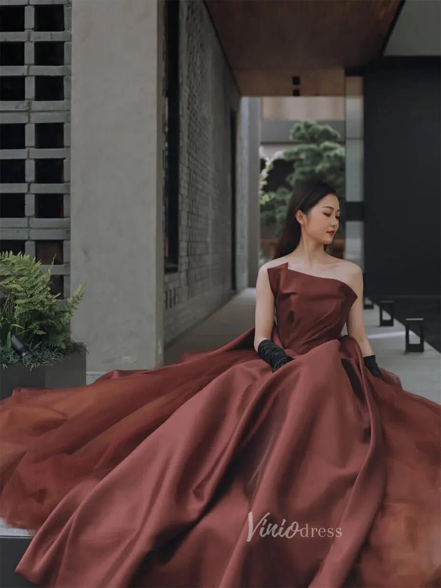 Brown Satin Prom Dresses, Strapless Pleated Tulle Ball Gown Corset Bac Viniodress Brown Satin Prom Dresses, Strapless Pleated Tulle Ball Gown Corset Bac Viniodress