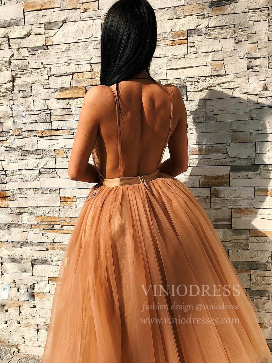 Short Prom Dresses 2025 Brown Tulle Tea Length Prom Dresses Backless Cocktail Dress SD1251-homecoming dresses-Viniodress-Brown-Custom Size-Viniodress