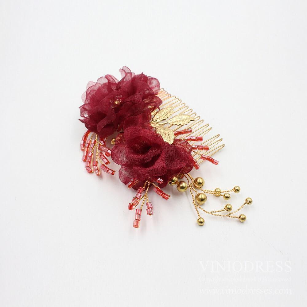 Burgundy 3D Floral Hair Combs AC1224-Headpieces 2025 -Viniodress-Burgundy-