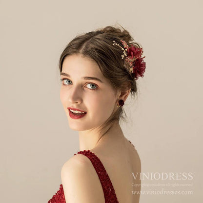 Burgundy 3D Floral Hair Combs AC1224-Headpieces 2025 -Viniodress-Burgundy-