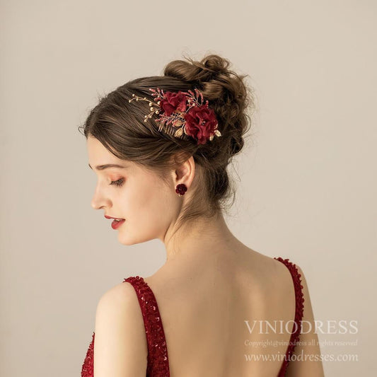 Burgundy 3D Floral Hair Combs AC1224-Headpieces 2025 -Viniodress-Burgundy-